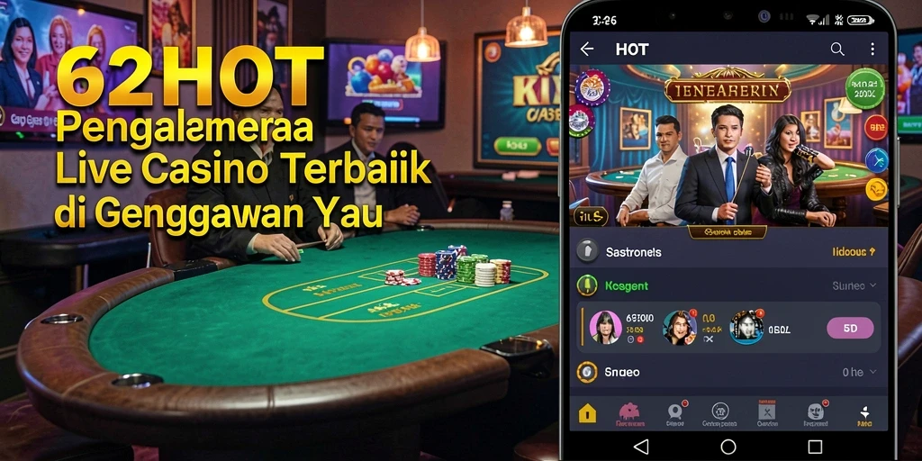 Screenshot gameplay 62HOT menampilkan dealer profesional dan suasana kasino yang autentik.