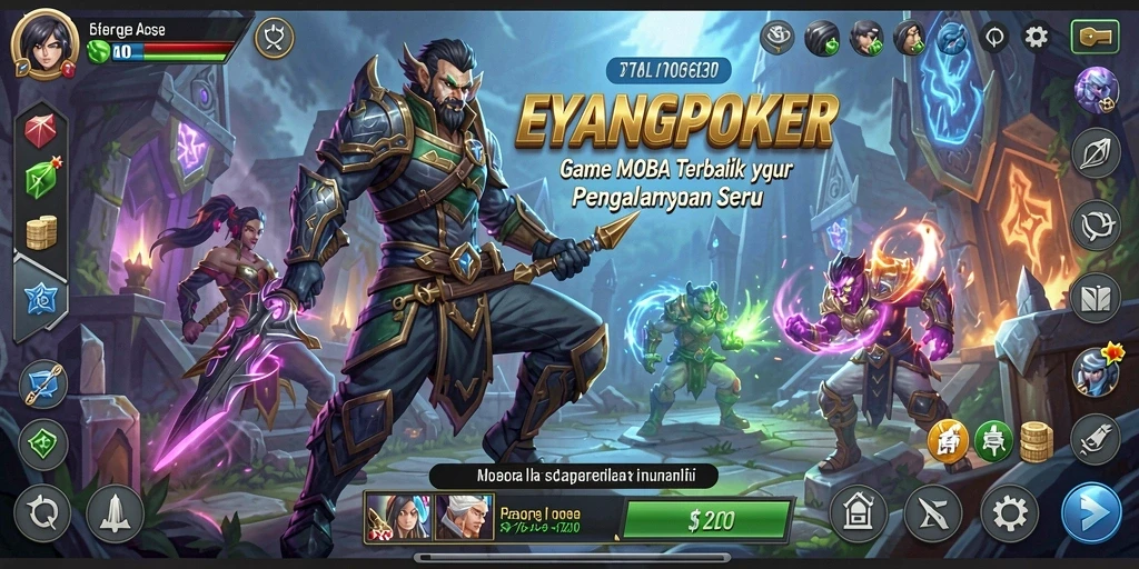 Screenshot gameplay seru dari EYANGPOKER yang menunjukkan aksi pertempuran MOBA.