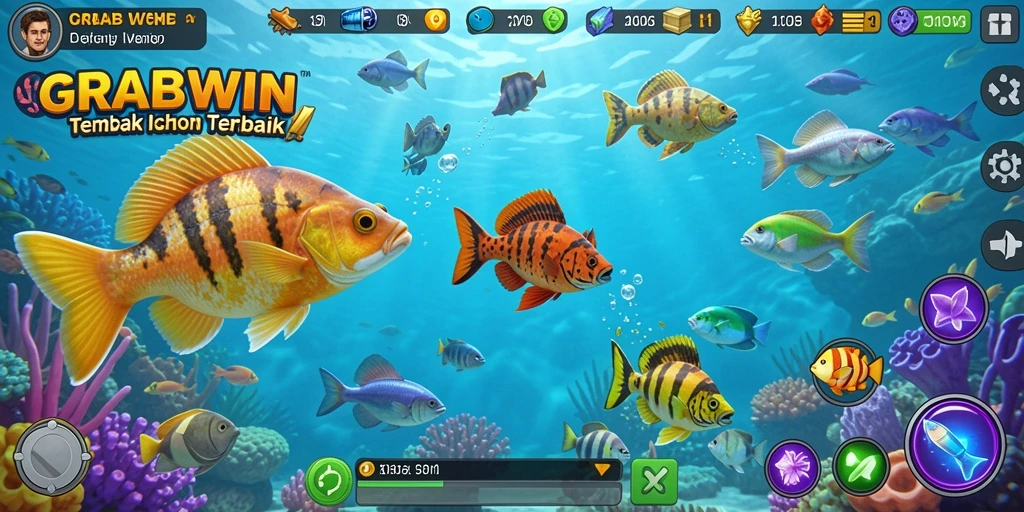 Tangkapan layar gameplay <strong>GRABWIN</strong> menunjukkan aksi menembak ikan yang mendebarkan.