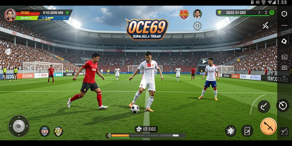 Tampilan gameplay OCE69 dengan pemain melakukan dribble dan tembakan ke gawang.