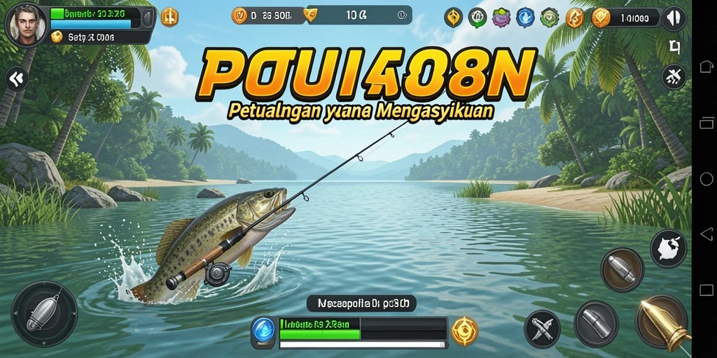 Screenshot utama POL88 menampilkan pemain sedang memancing di laut yang indah.