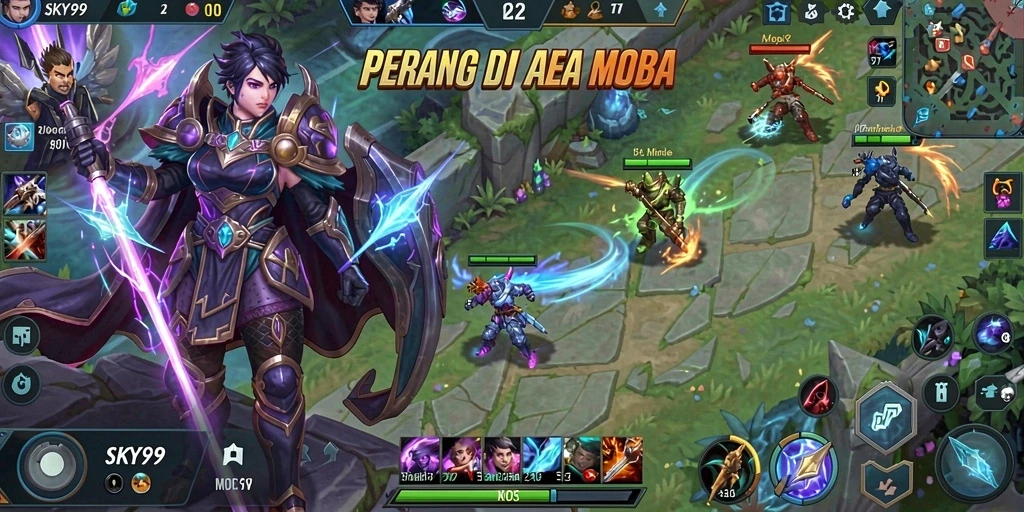 Tangkapan layar dari gameplay seru SKY99 di arena MOBA.